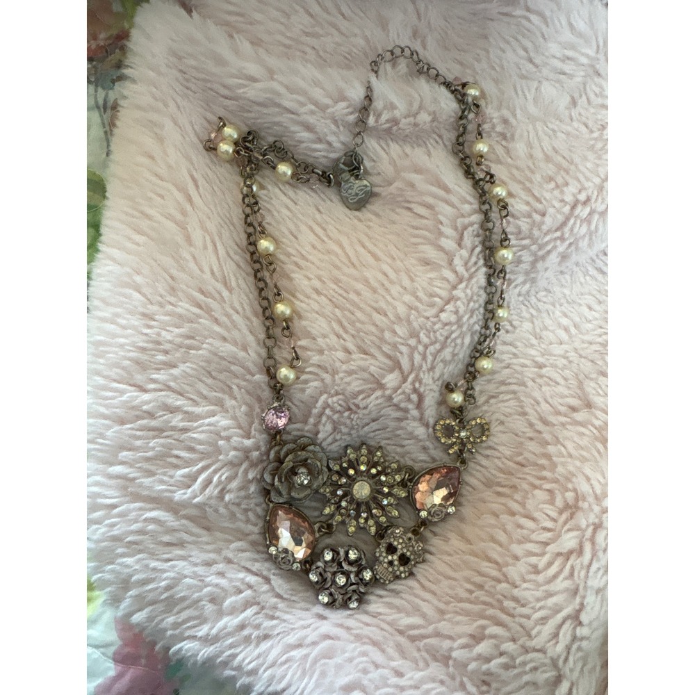 Betsey Johnson Antique Bronze Skull Flower Pearl Statement Necklace Pink Crystal